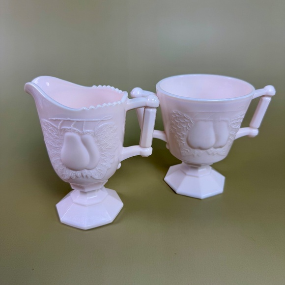 Jeannette Shell Pink Milk Glass Sugar & Creamer | BALT Pear Pattern - Picture 4 of 16